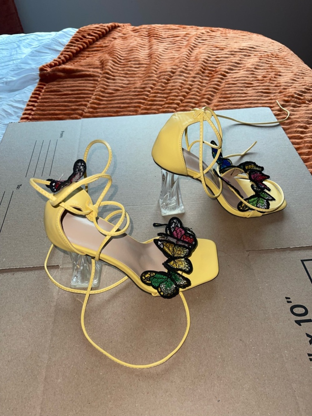 Yellow Butterfly Embellished Lace-Up Heels - Women